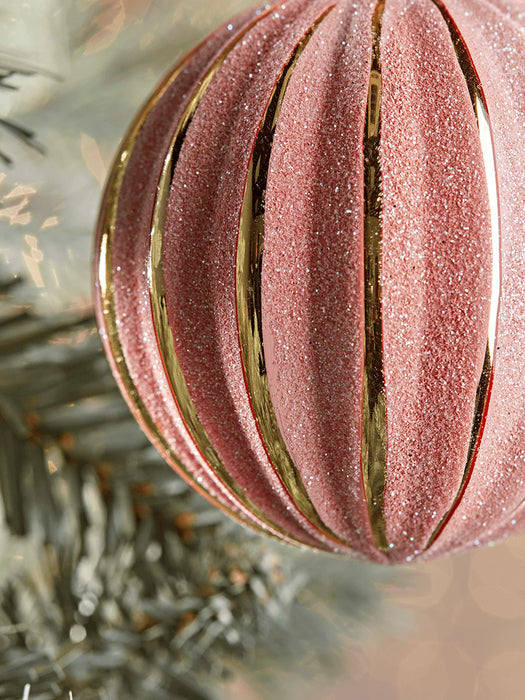 Six Glittered Striped Baubles - Blush