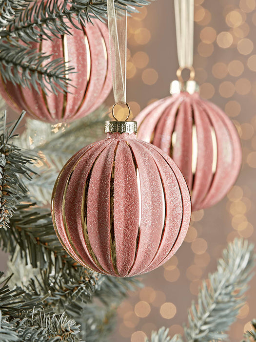 Six Glittered Striped Baubles - Blush