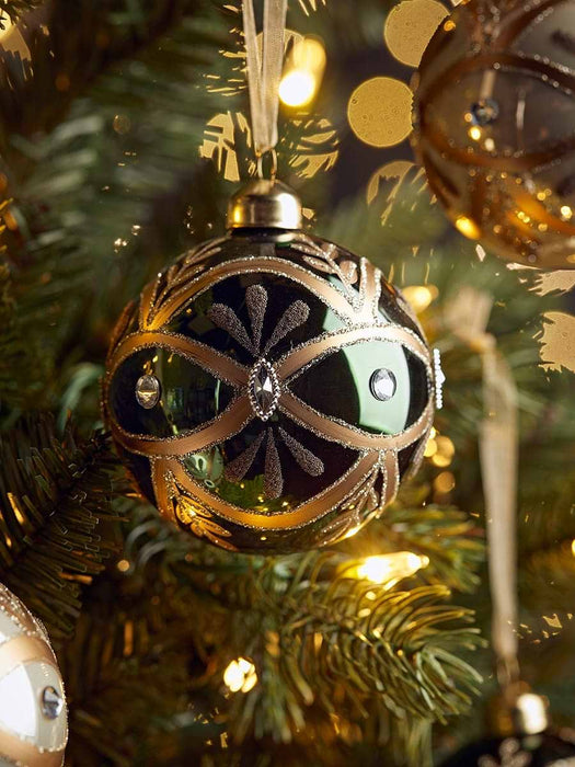 Six Green & Cream Deco Glass Baubles