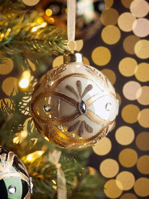 Six Green & Cream Deco Glass Baubles