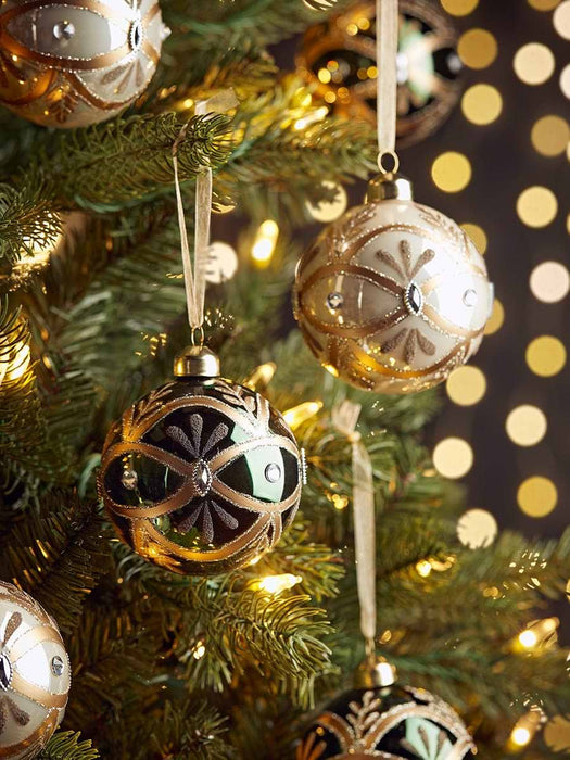 Six Green Cream Deco Glass Baubles