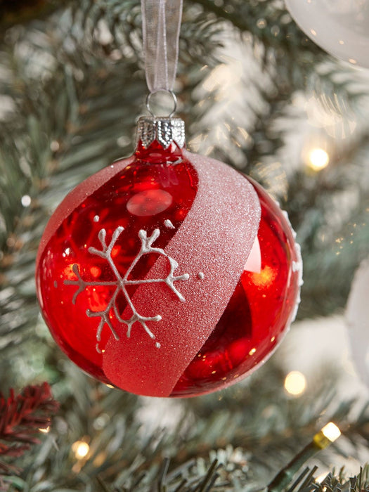 Six Snowflake Glass Baubles - Red Mix