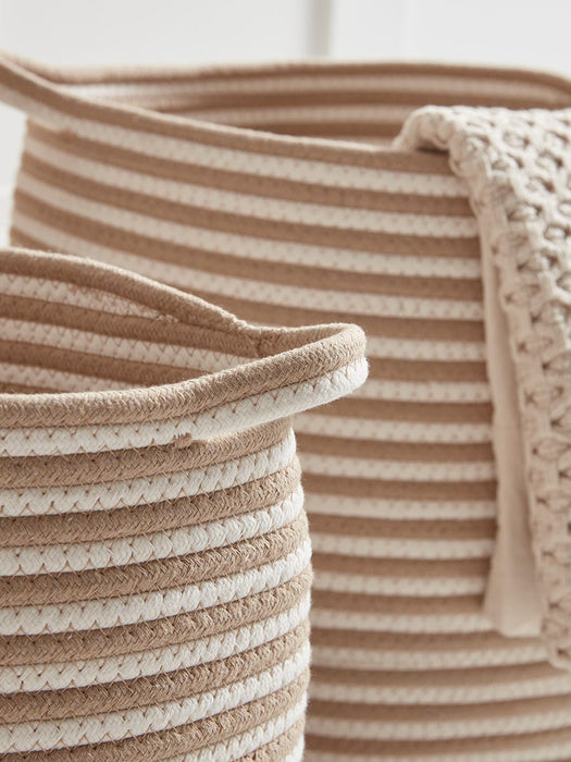Three White & Natural Striped Baskets