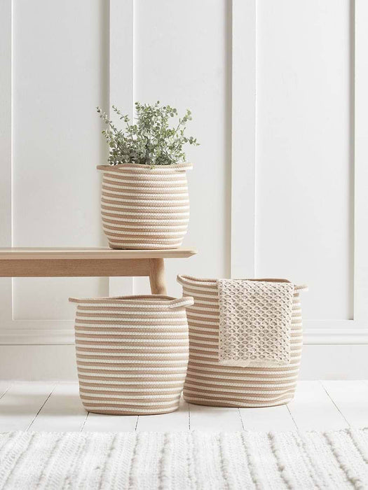 Three White & Natural Striped Baskets