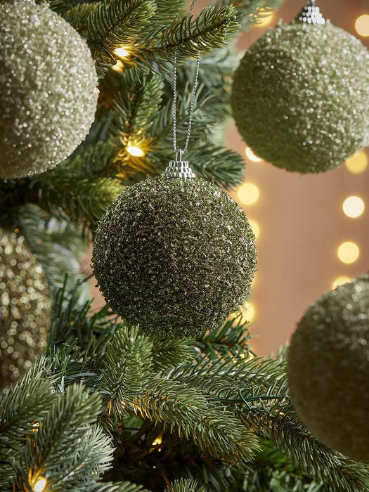 Twelve Glittered Shatterproof Baubles - Moss Mix