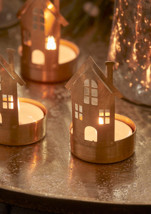 Three Brass House Tealight Holders