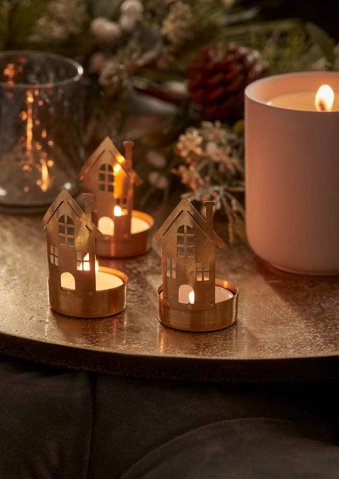 Three Brass House Tealight Holders