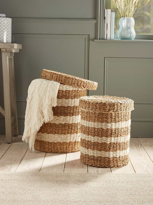 Two Woven Striped Lidded Storage Baskets