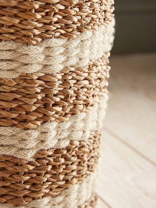 Two Woven Striped Lidded Storage Baskets