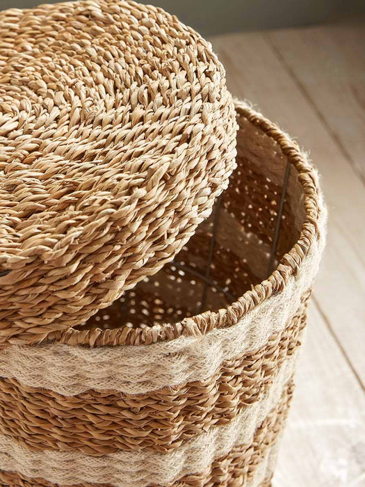 Two Woven Striped Lidded Storage Baskets