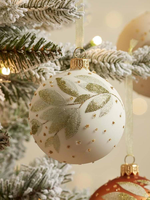 Six Glittered Leaves Glass Baubles