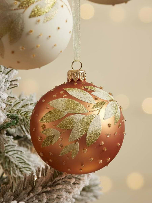 Six Glittered Leaves Glass Baubles