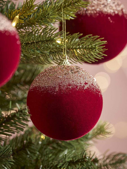 Six Large Flocked Shatterproof Baubles