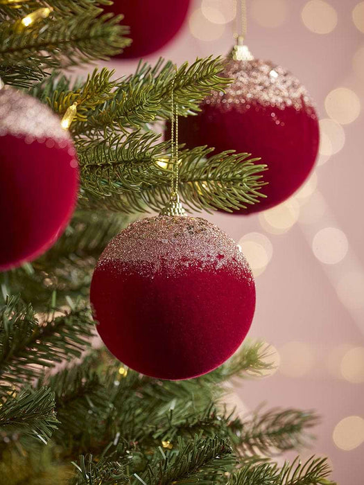 Six Large Flocked Shatterproof Baubles
