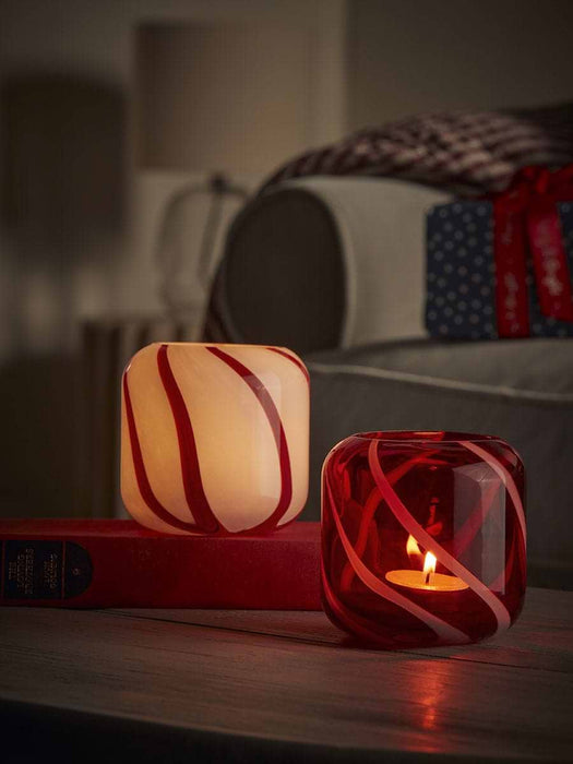 Painterly Candy Stripe Glass Tealight Holder - Red