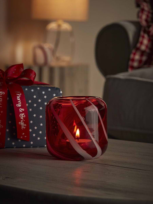 Painterly Candy Stripe Glass Tealight Holder - Red