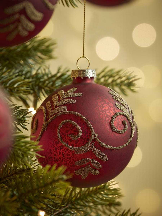 Six Opulent Swirl Glass Baubles - Deep Red