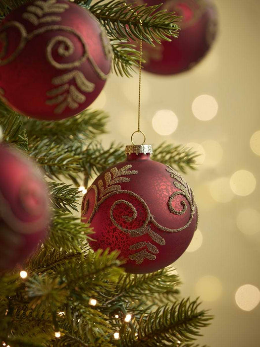 Six Opulent Swirl Glass Baubles - Deep Red