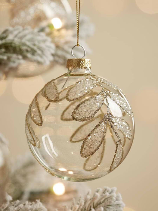 Six Glittered Leaf Glass Baubles
