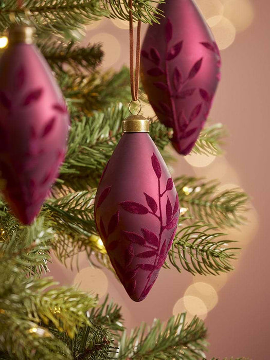 Four Flocked Leaves Glass Baubles