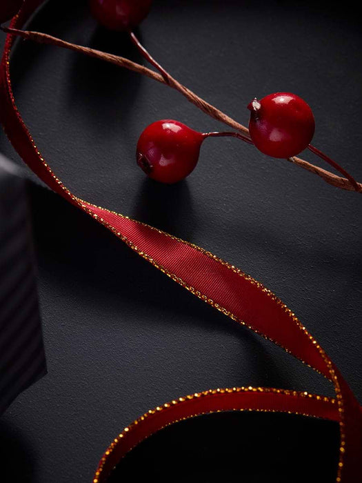 Slim Velvet Ribbon - Berry Red & Gold 20m