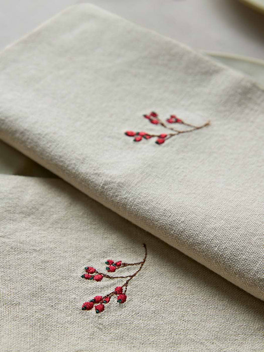 Four Cotton Embroidered Red Berry Napkins