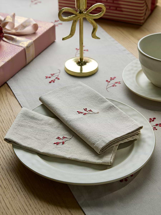 Four Cotton Embroidered Red Berry Napkins