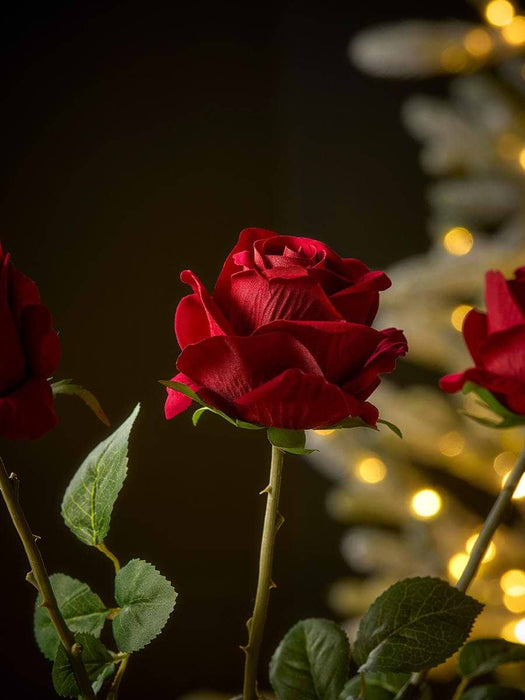 Three Faux Rose Stems - Deep Red