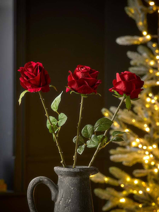 Three Faux Rose Stems - Deep Red
