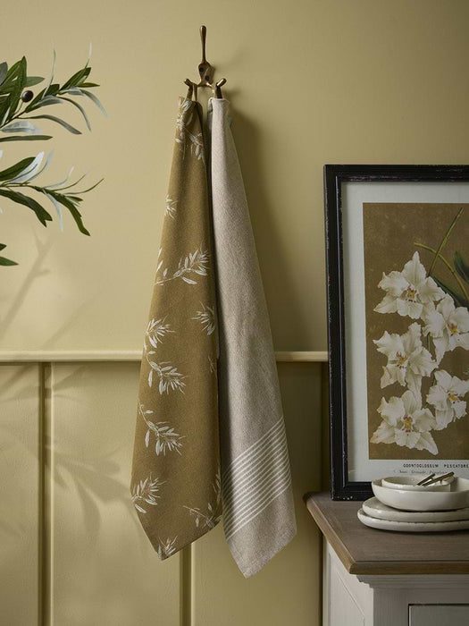 Two Tea Towels - Olive Print & Stripe