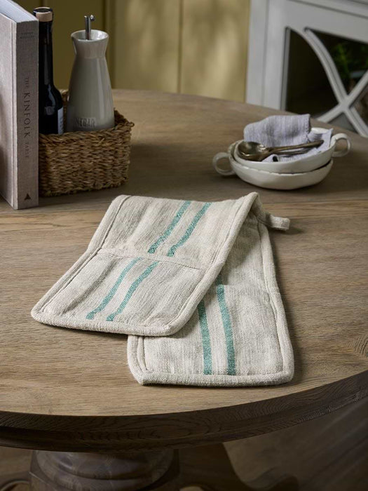 Linen Double Oven Glove - Eucalyptus Stripe