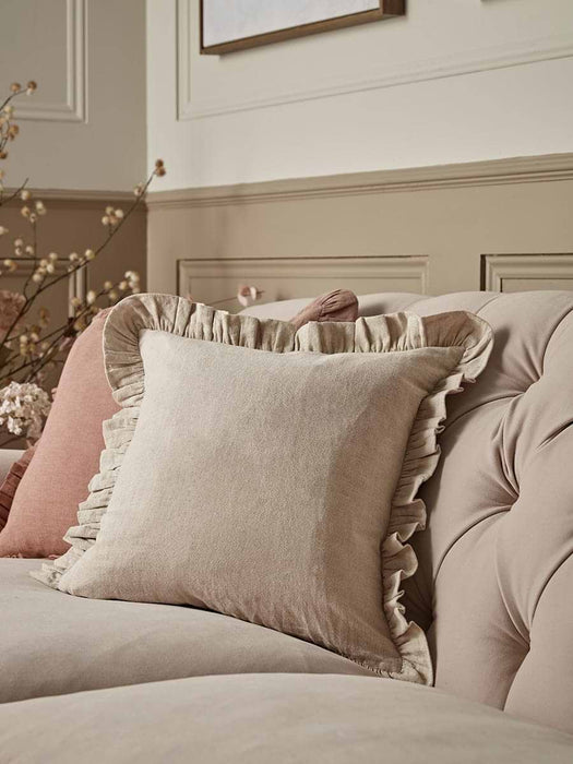 Ruffle Cotton Linen Square Cushion Cover - Natural