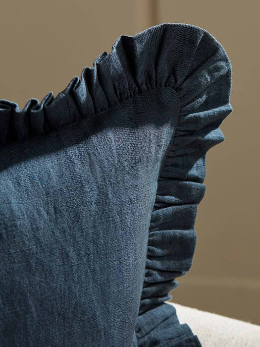 Ruffle Cotton Linen Square Cushion Cover - Steel Blue
