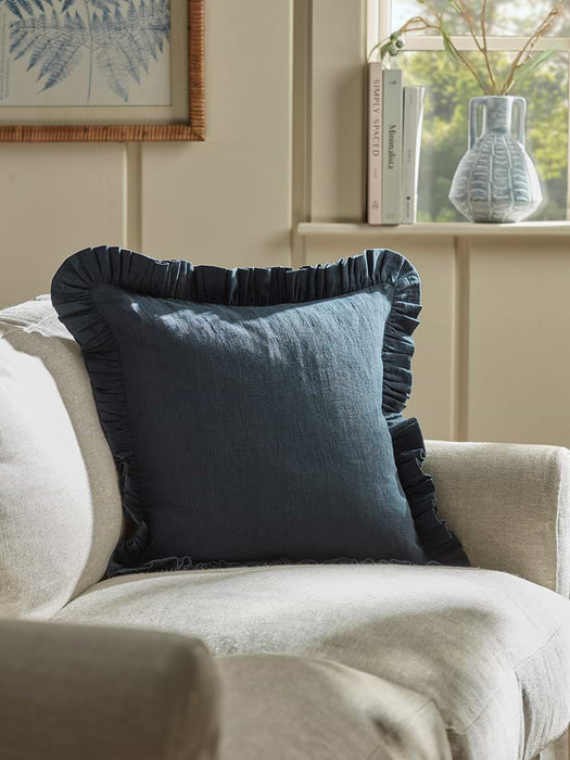 Ruffle Cotton Linen Square Cushion Cover - Steel Blue