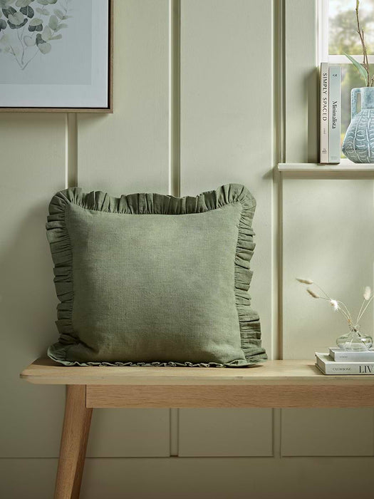 Ruffle Cotton Linen Square Cushion Cover - Fern Green