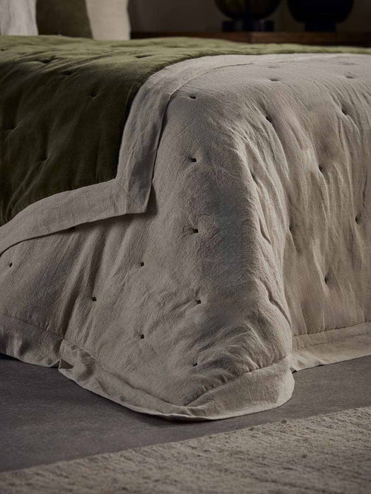 Reversible Velvet & Cotton Linen Kingsize Quilt - Moss Green