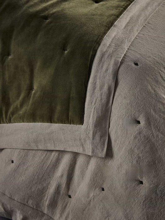 Reversible Velvet & Cotton Linen Kingsize Quilt - Moss Green