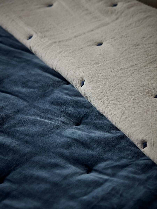 Reversible Velvet & Cotton Linen Kingsize Quilt - Steel Blue