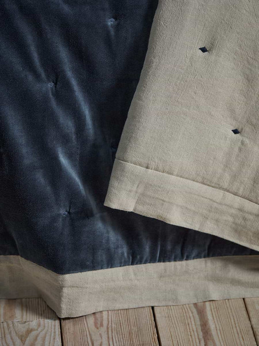 Reversible Velvet & Cotton Linen Kingsize Quilt - Steel Blue