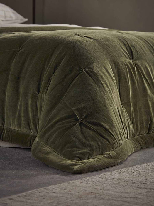 Pintucked Velvet & Cotton Linen Kingsize Quilt - Moss Green