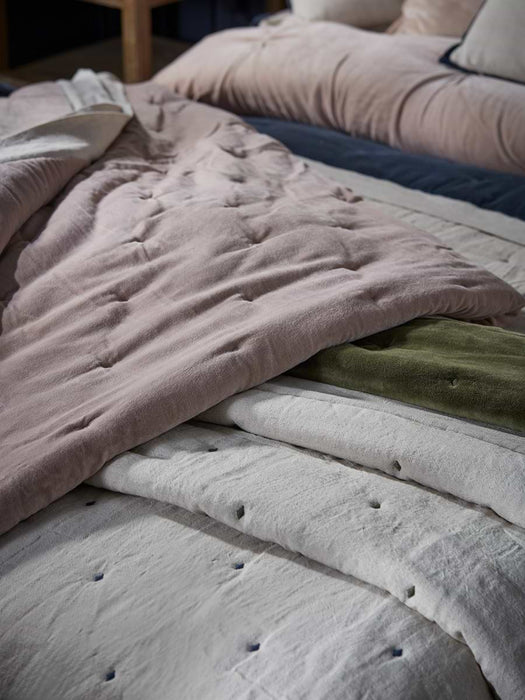Pintucked Velvet & Cotton Linen Kingsize Quilt - Moss Green
