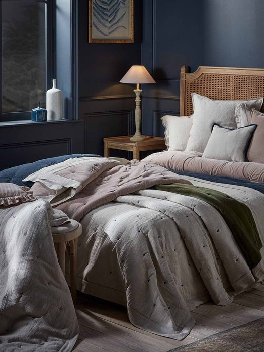 Reversible Velvet & Cotton Linen Kingsize Quilt - Steel Blue