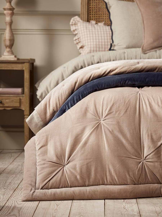 Reversible Velvet & Cotton Linen Kingsize Quilt - Steel Blue