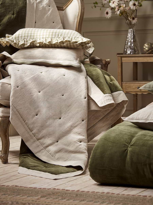 Pintucked Velvet & Cotton Linen Kingsize Quilt - Moss Green