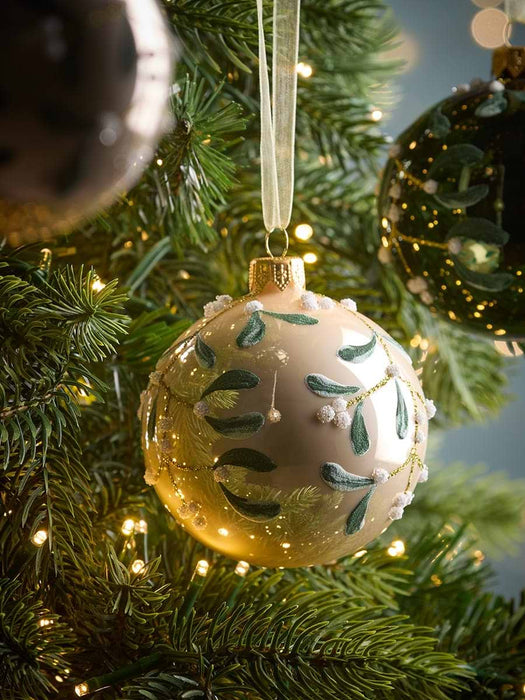 Six Luxury Mistletoe Glass Baubles