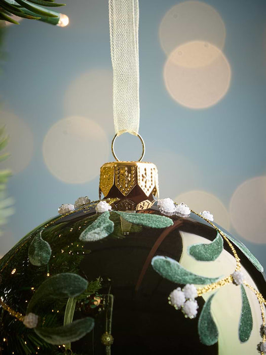 Six Luxury Mistletoe Glass Baubles