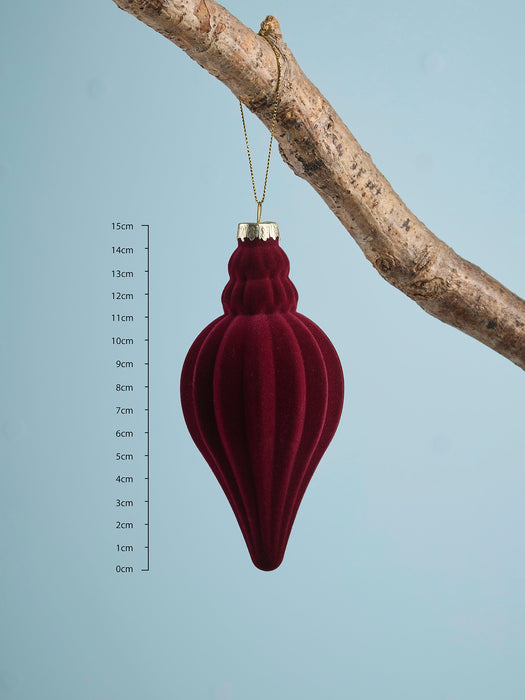 Four Flocked Finial Glass Baubles - Berry Red
