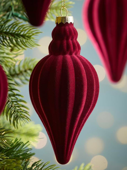 Four Flocked Finial Glass Baubles - Berry Red