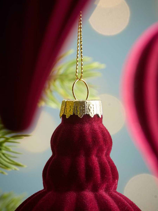 Four Flocked Finial Glass Baubles - Berry Red