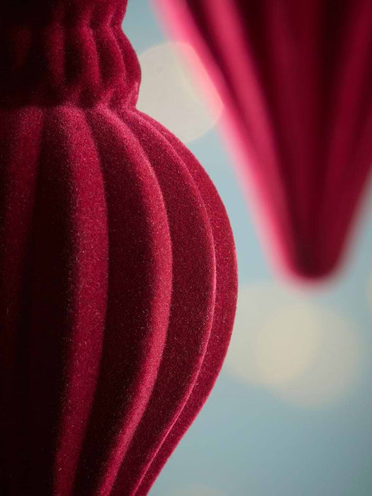 Four Flocked Finial Glass Baubles - Berry Red